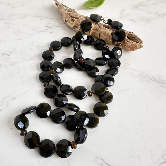 Vintage 30" Czech Glass Bead Necklace, Faceted Black-Brown Beads w14K Gold Clasp - Picture 1 of 11